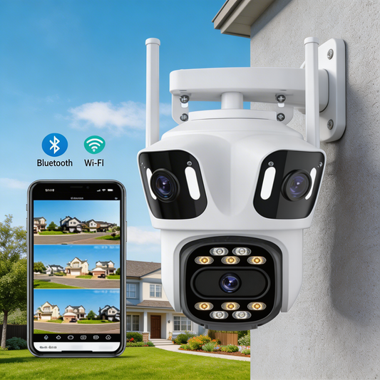 📡 Cameră de Supraveghere WiFi cu 3 Lentile – Control Total & Imagine Clară
