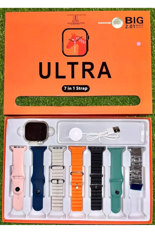 Smartwatch ULTRA 7 în 1 cu 7 curele – ecran mare 2.01”, încărcare wireless, design premium
