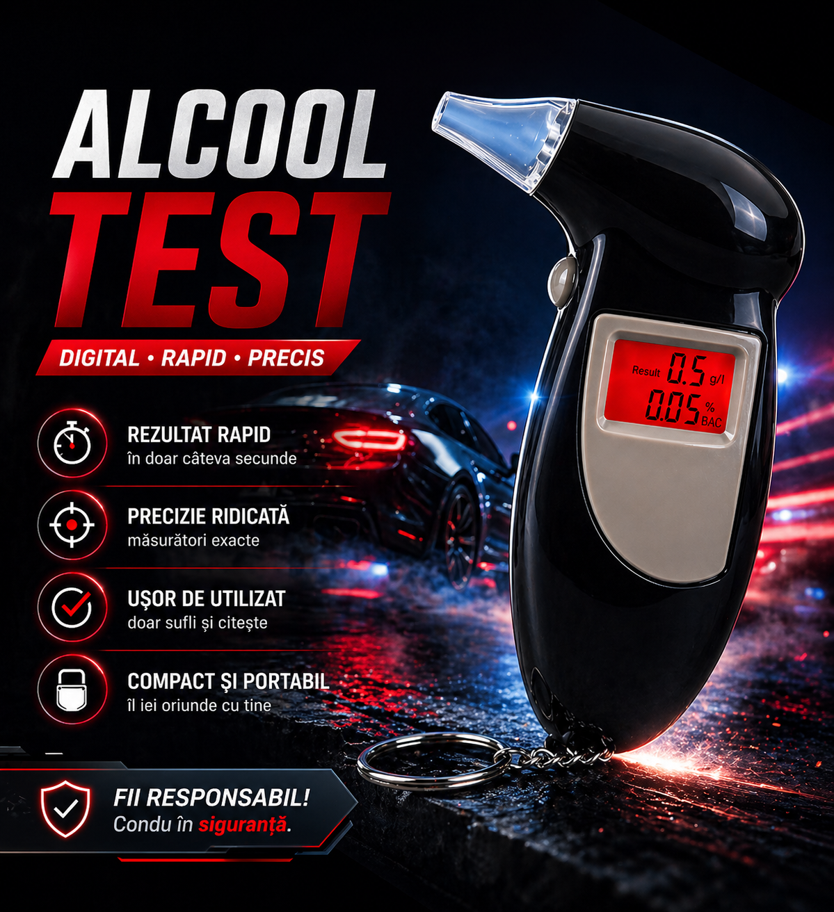 Alcool tester portabil cu afisaj digital si 4 capete interschimbabile