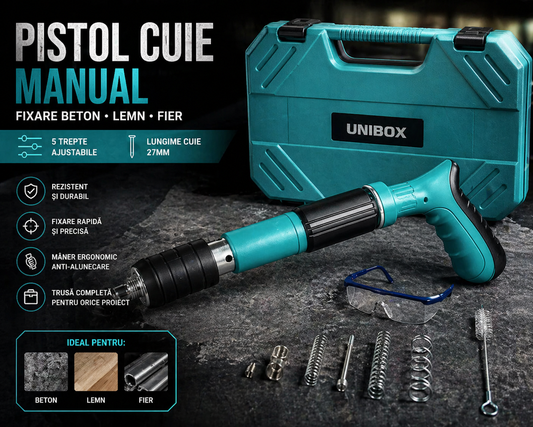 Pistol Cuie Manual, Fixare Beton Lemn Fier, 5 Trepte Ajustabile, Lungime Cuie 27mm, Unibox