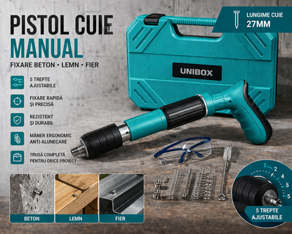 Pistol Cuie Manual, Fixare Beton Lemn Fier, 5 Trepte Ajustabile, Lungime Cuie 27mm, Unibox