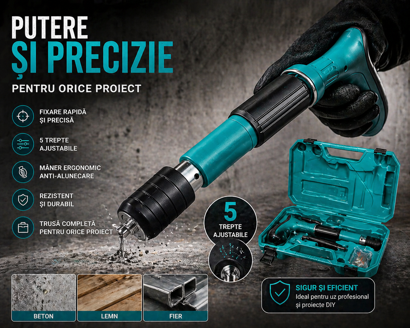 Pistol Cuie Manual, Fixare Beton Lemn Fier, 5 Trepte Ajustabile, Lungime Cuie 27mm, Unibox