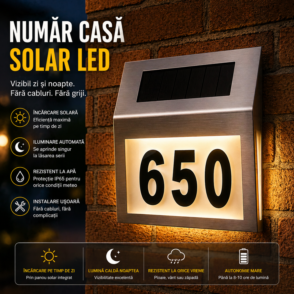 🔆 Număr Casă Solar LED – Vizibilitate Perfectă Zi și Noapte