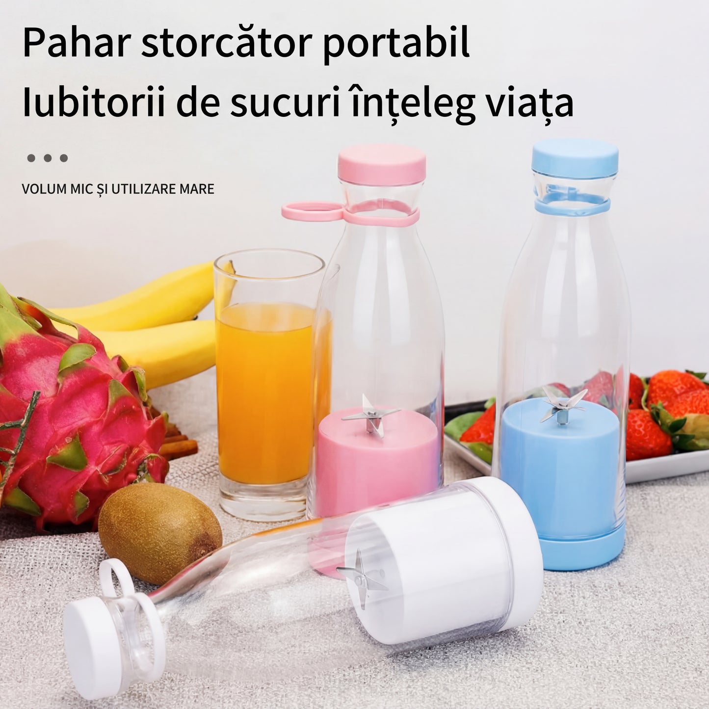 Blender Portabil Multifuncțional Alb, Albastru, Mov si Roz