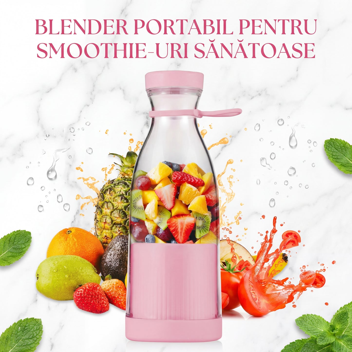 Blender Portabil Multifuncțional Alb, Albastru, Mov si Roz